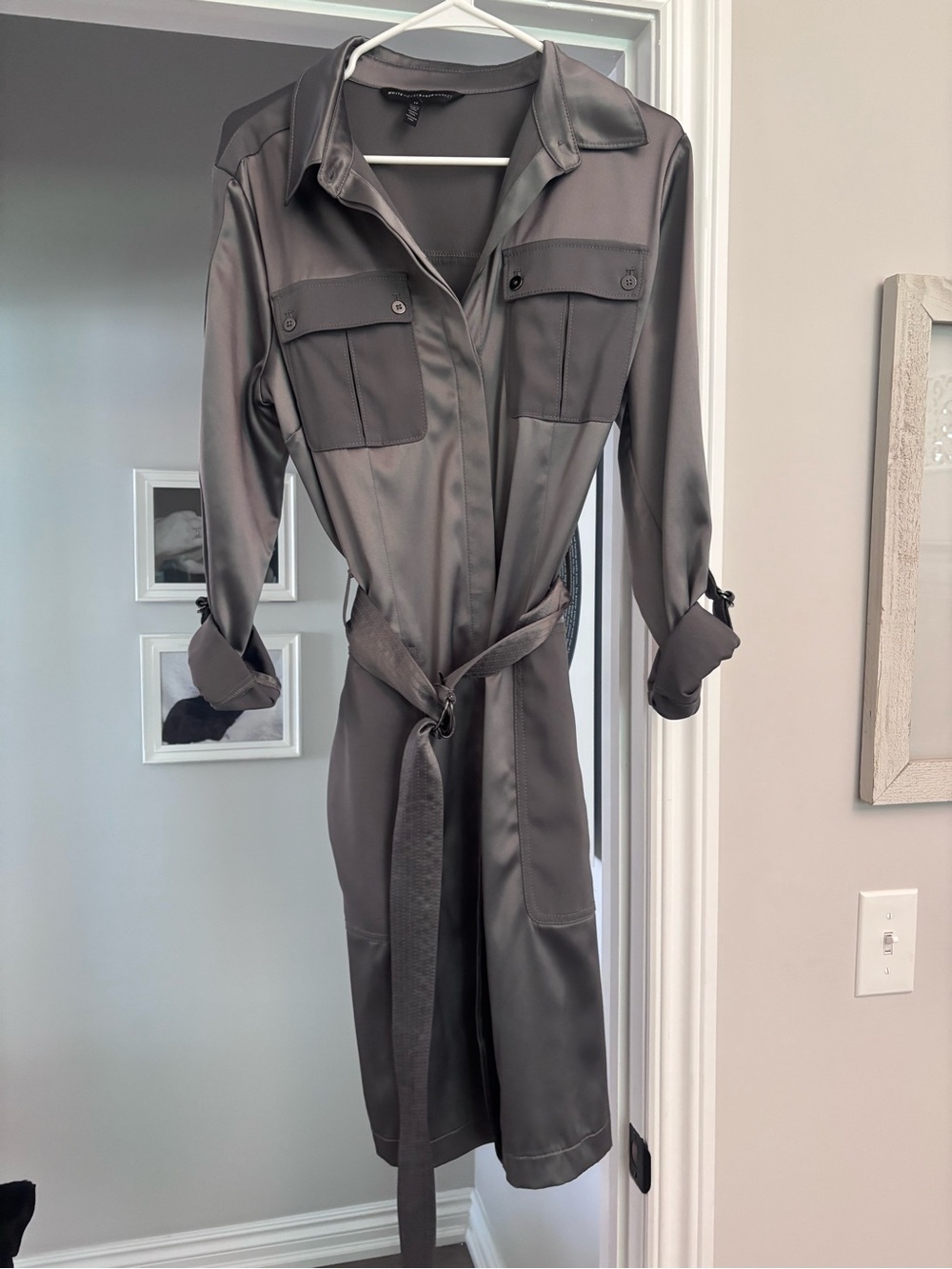 White House Black Market Satin Shirt Dress in Charcoal Gray